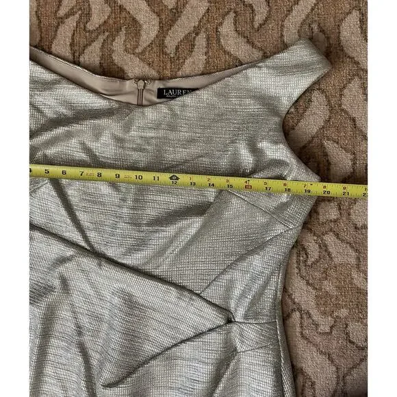 LAUREN RALPH LAUREN Plus Metallic Champagne Faux Wrap Cowl Neck Sheath Dress 16 - Picture 11 of 12